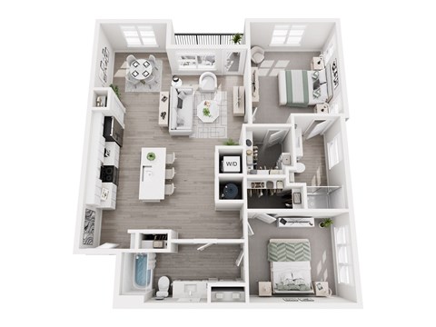 Floor plan layout of 1329 sf two-bedroom apartment with two bathrooms and a balcony.